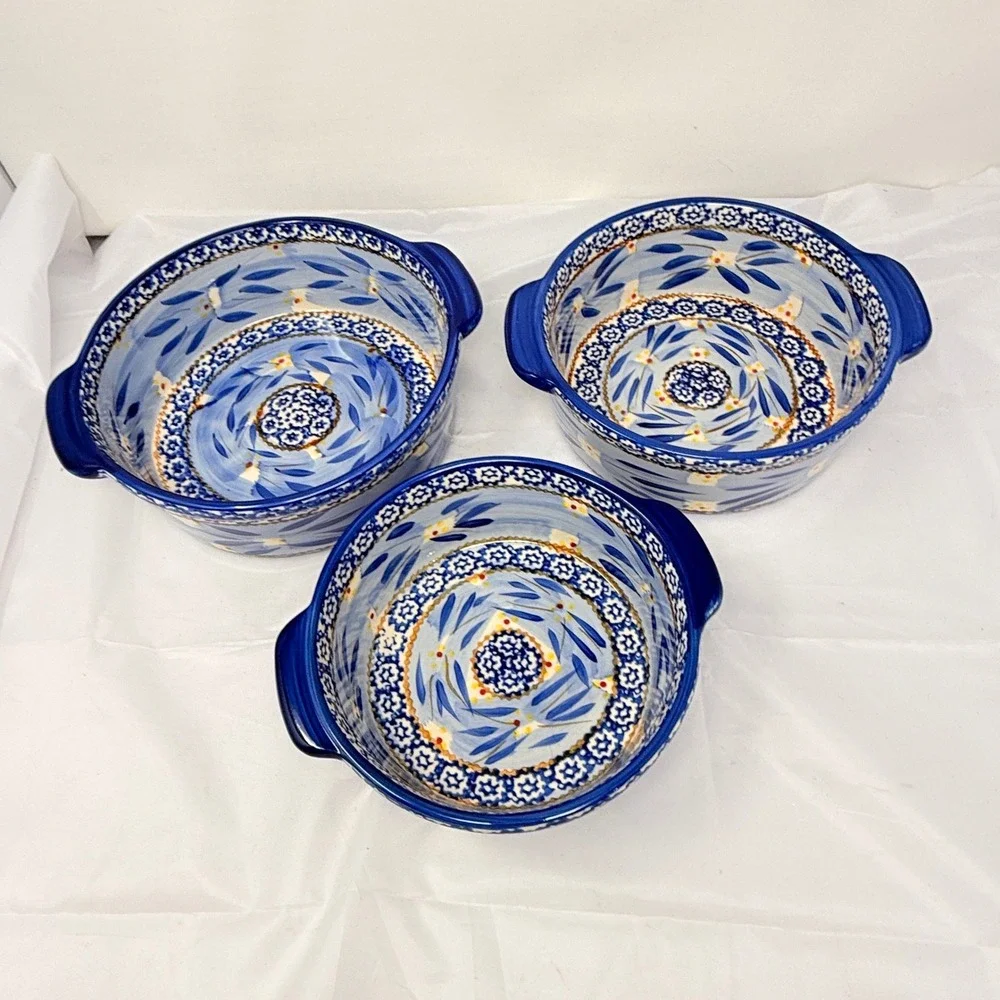 Temp-tations Old World Blue Ceramic Round Nesting  Set 3pc 2/1.5/1.0 qt